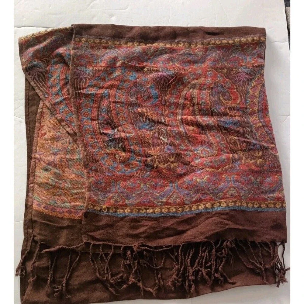 Oversized Cashmere Scarf Brown Polka Dot And Paisley Print Unbranded 27